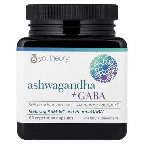 Youtheory, Ashwagandha y GABA. 60 Vcaps.