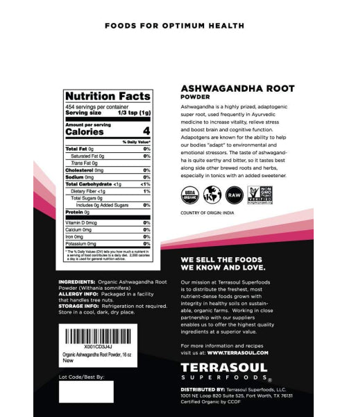 Terrasoul Superfoods, Organic Ashwagandha Root Powder. 454 g.