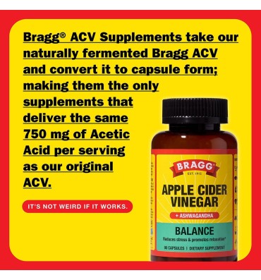 Bragg, Apple Cider Vinegar and Ashwagandha. 90 Capsules.