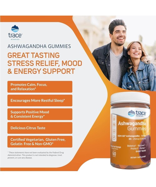 Trace, Ashwagandha Passion Fruit and Orange flavor. 60 gummies