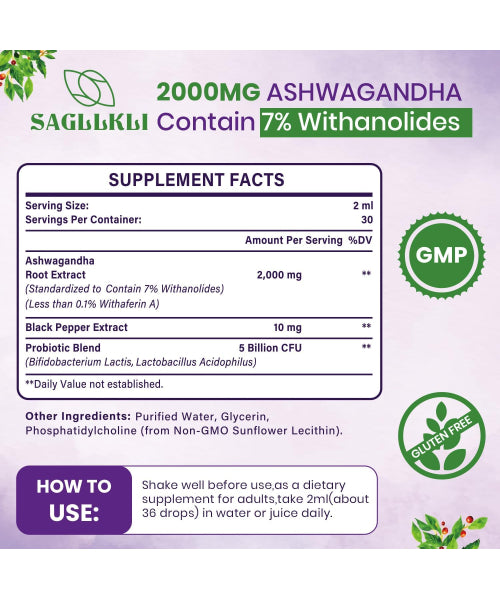 Saglikli, Extracto de Raíz de Ashwagandha con Pimienta Negra, líquido. 60 ml.