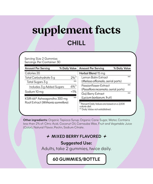 Lemme Chill, Ashwagandha KSM-66 y Mezcla de Hierbas sabor Berries. 60 gomitas
