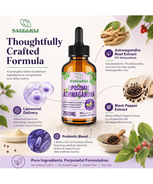 Saglikli, Extracto de Raíz de Ashwagandha con Pimienta Negra, líquido. 60 ml.