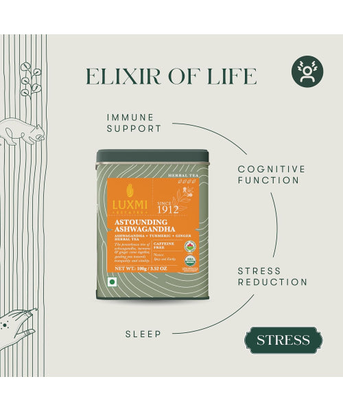 Luxmi, Té de Ashwagandha con Cúrcuma y Hierbas Orgánicas, 50 tazas. 100gr.