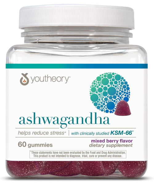 Youtheory, Ashwagandha KSM-66 Orgánico y extracto de Jengibre sabor Berries. 60 gomitas