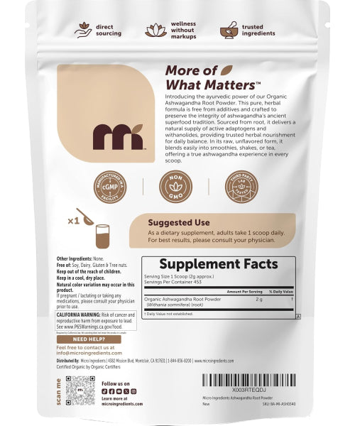 Micro Ingredients, Polvo de Raíz de Ashwagandha Orgánico. 907 gr