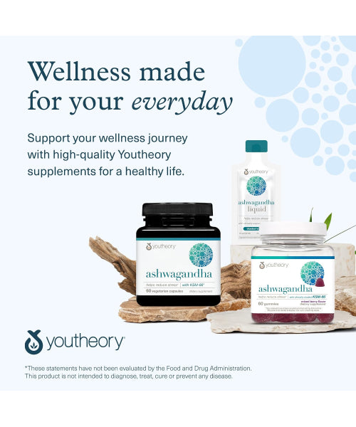 Youtheory, Ashwagandha KSM-66 Orgánico y extracto de Jengibre sabor Berries. 60 gomitas