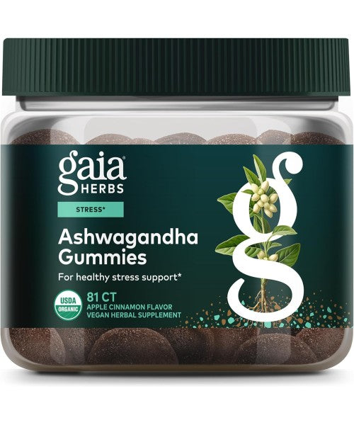 Gaia Herbs, Ashwagandha apple cinnamon flavor. 45 and 81 count gummies
