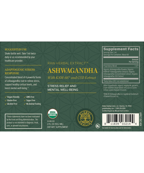 Global Healing Center, Ashwagandha Orgánica extra fuerte. 60 ml.