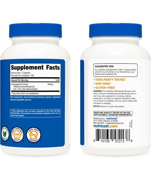 Nutricost, Extracto de Raíz de Ashwagandha. 30 y 120 caps