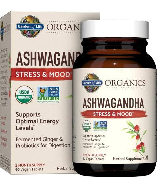 Garden of Life, Organics, Ashwagandha, 60 comprimidos veganos (600 mg por comprimido)